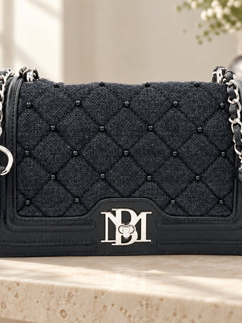 Badgley Mischka BM-4150 Black Denim Diamond Quilted Pearl Crossbody Black/Black